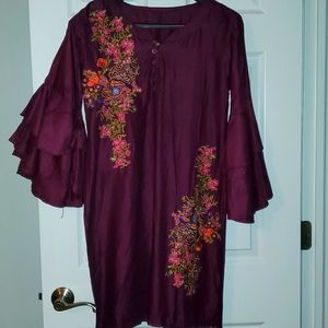 Dress embroidered purple red green silver pink soft fabric comfortable day NWOT
